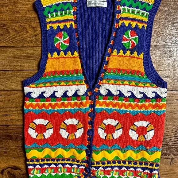 Marisa Christina ~ Large ~ Hand Knitted ~ Orange/Yellow/Blue ~ Ocean/Fish ~ Vest - Picture 6 of 16